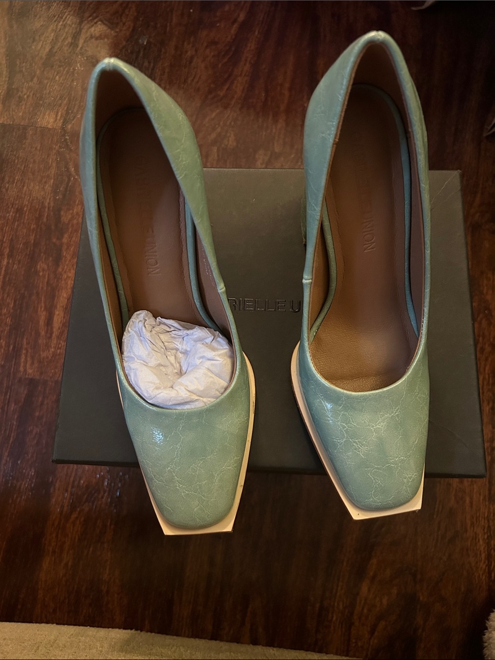Gabrielle Union Mint 4”Green Square-Toe Heels